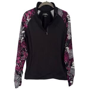 Skirt Sports 1/4 Zip Active Stretch Fit Jacket Sz L Black Multi Floral Pockets